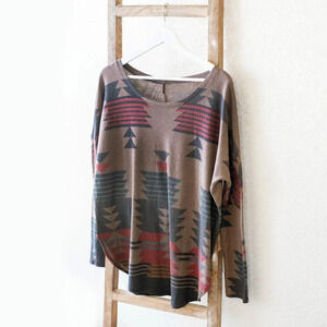 Karlie Aztec Southwestern Oversized Long Sleeve Top | Boho Slouchy Tee Size S